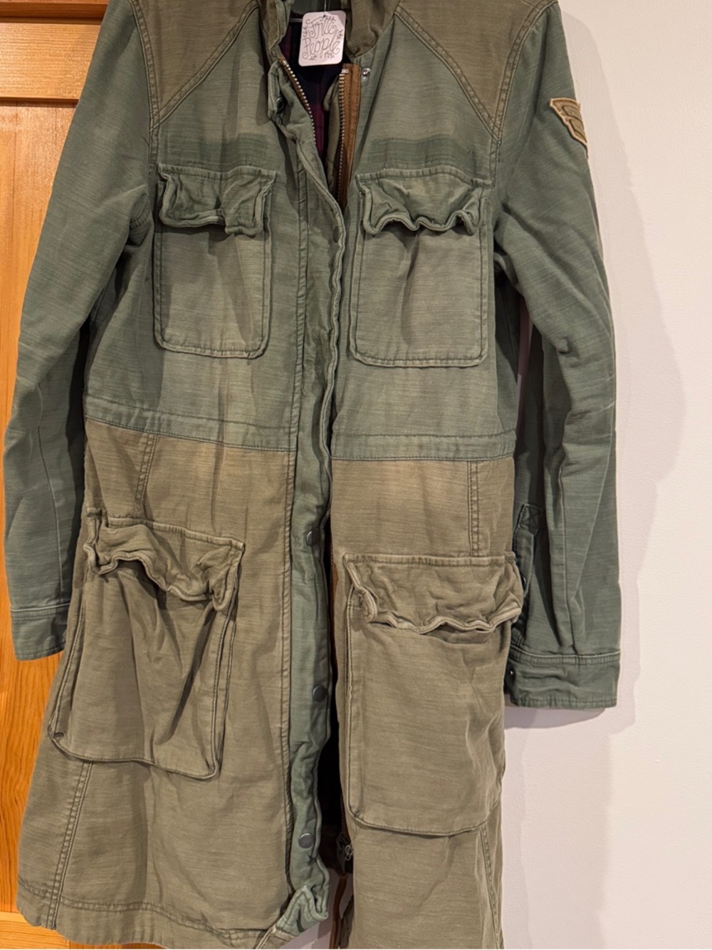 NWT Free People Olive Green Military-Style Women's Coat with plaid lining